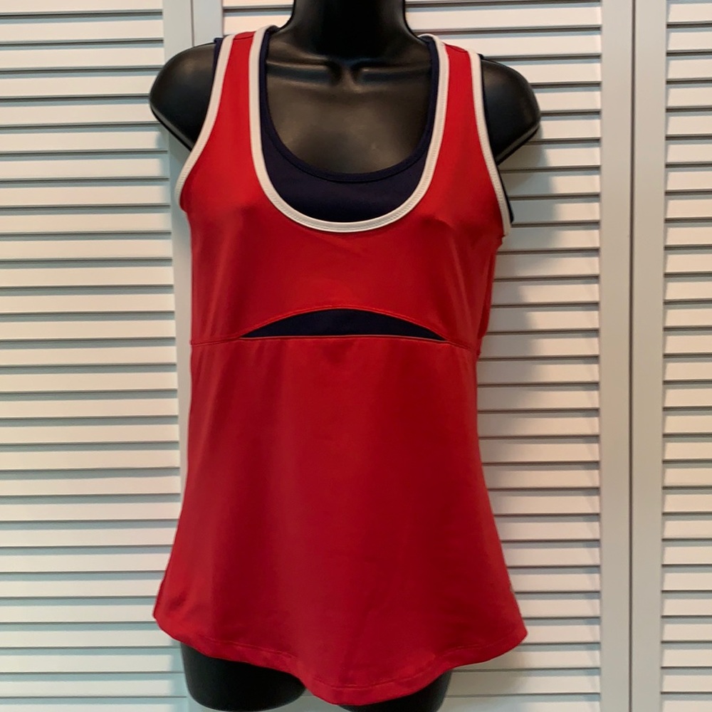 Red and navy blue fitted tank.  Sz M.  EUC.  Worn once.  Attached shelf bra.